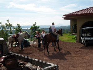 Horses and riders prepare for a ride from the large parking area.