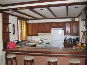 The kitchen has a dropped ceiling with fine wood trim.