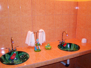 This colorful double vanity is an example of the nice materials in the 3 modern bathrooms.