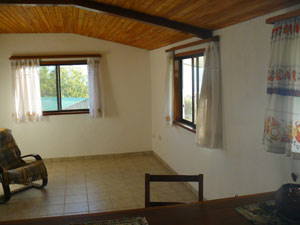 The apartment has this large living room as well as kitchen, two bedrooms, and a large bathroom.