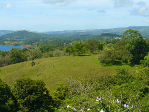 This view looks back at Nuevo Arenal, which is 1 1/2 miles away. Also The vistas also include the northern volcanos Tenorio and Miravalles. 