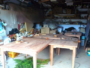 The owner has filled his garage with a segmented table he's making for a B&B.