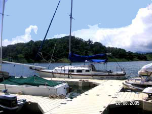 A sailboat at the marina dock