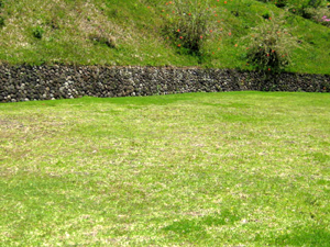 The rustic rock wall is extraordinarily long.