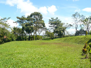 The middle terrace is separated from the uppr and lower terraces by shallow lawn-covered slopes. 