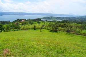 The largely level lot on a hillside above the paved lake highway has a fine volcano view. 