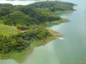 An aerial view of Turtle Cove, the dock, launch area, road, and storage pad.