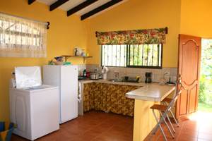 The kitchen has new appliances, including a washing machine.