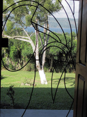 The lake as seen through the artistically crafted screen door.