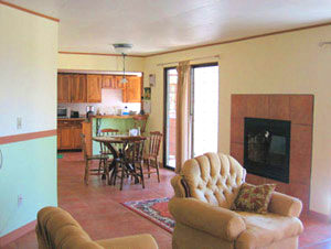 The kitchen as seen from the living room.