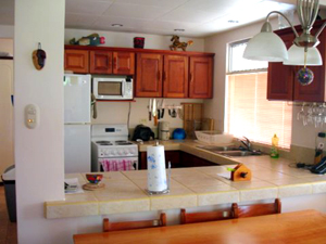 The kitchen is a large pleasant place with plenty of counter space and cupboards.