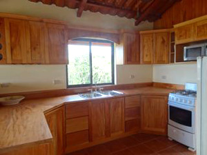 There is a modern kitchen with plenty of custom cabinetry.